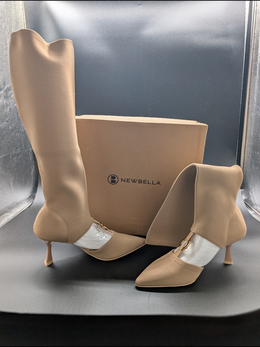 NEWBELLA Tan Knee-High Pointed-Toe Stiletto Boots